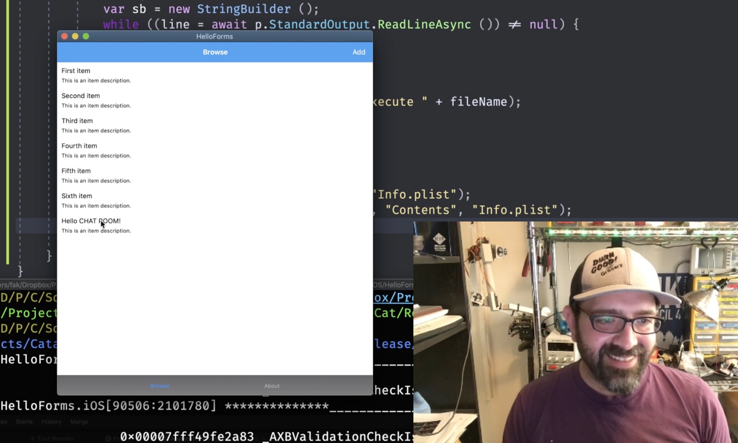 Screenshot of me on Twitch running a Xamarin.Forms app on Mac Catalyst