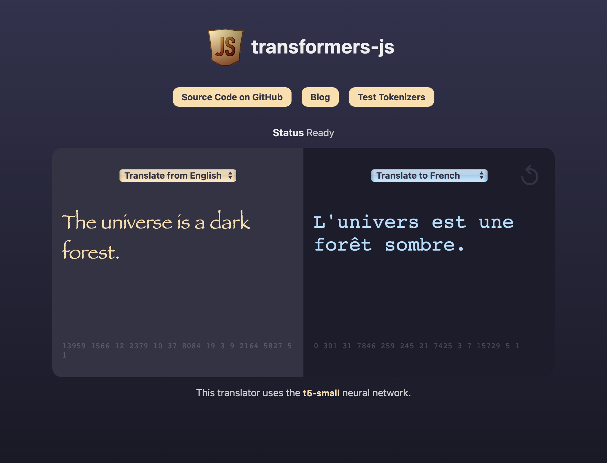 Screenshot of the transformer-js demo translation web site